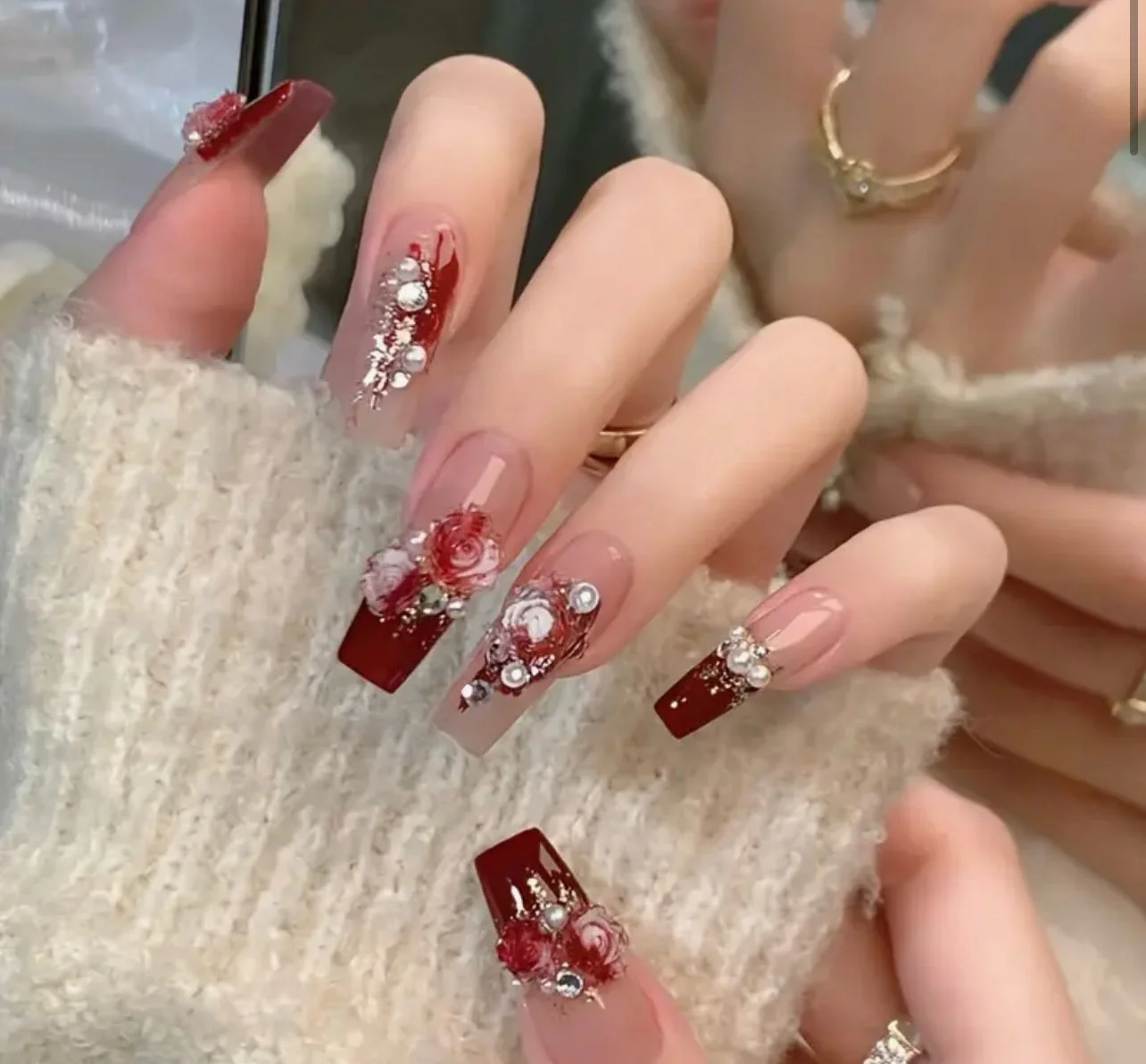 Romantic Red & Nude Floral Press-On Nails – Luxurious & Elegant - Image 2